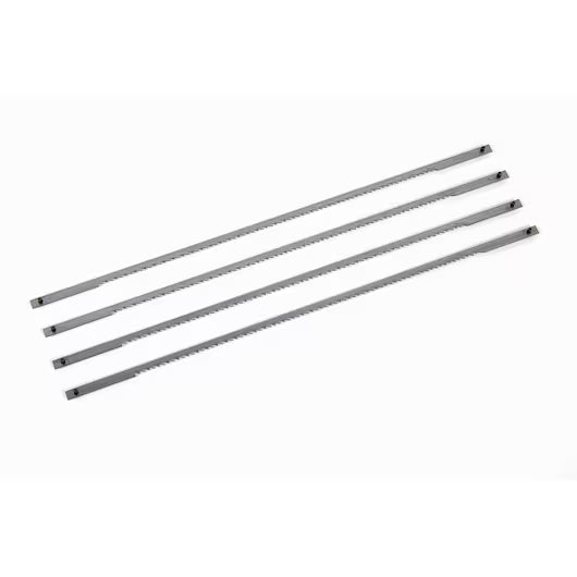 The STANLEY® FATMAX® Coping Saw Blades (4 PACK) feature four high-carbon steel blades with fine, evenly spaced teeth and rectangular notched ends for easy attachment to a saw frame, shown aligned parallel on a white background.